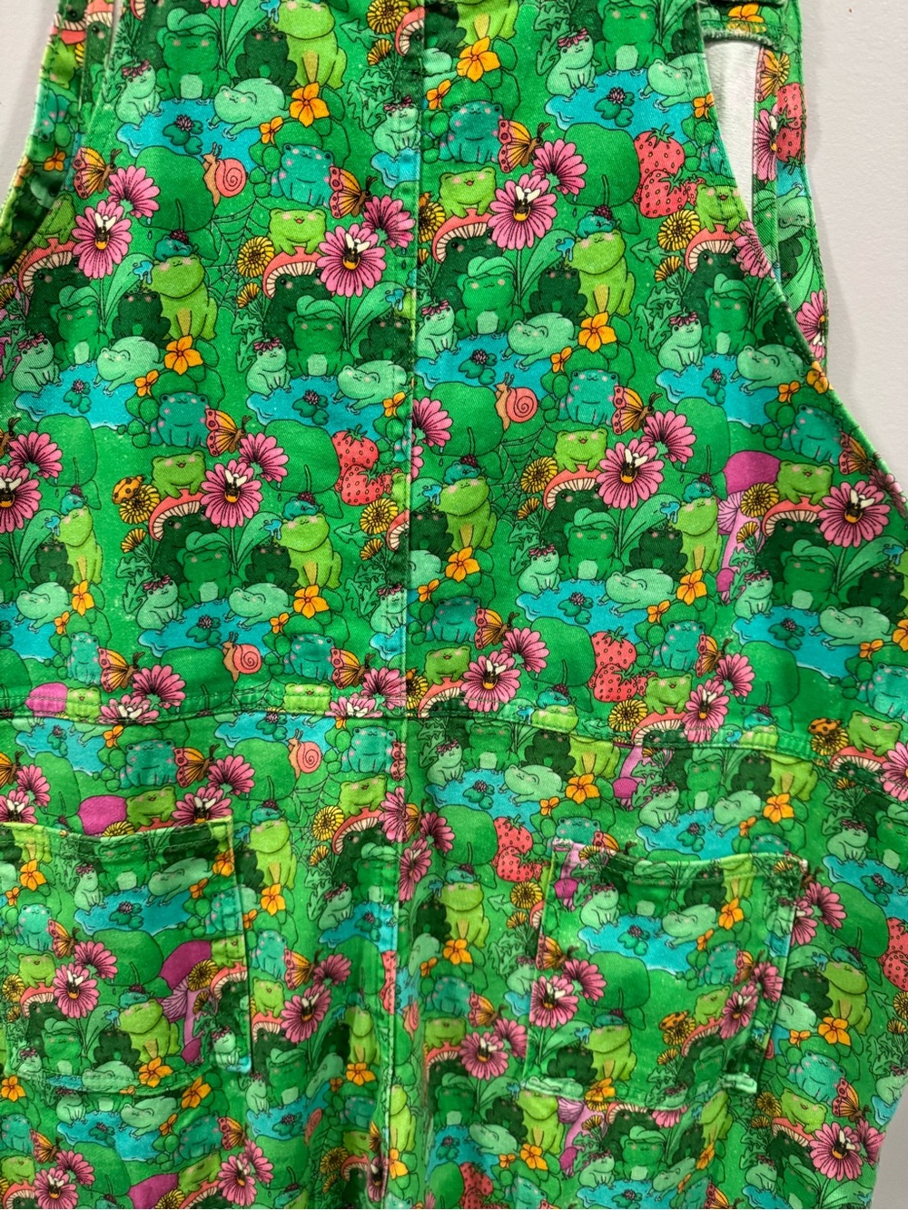 Run & Fly Frog Print Dungarees Overalls Green Cottagecore XXL - Picture 14 of 16
